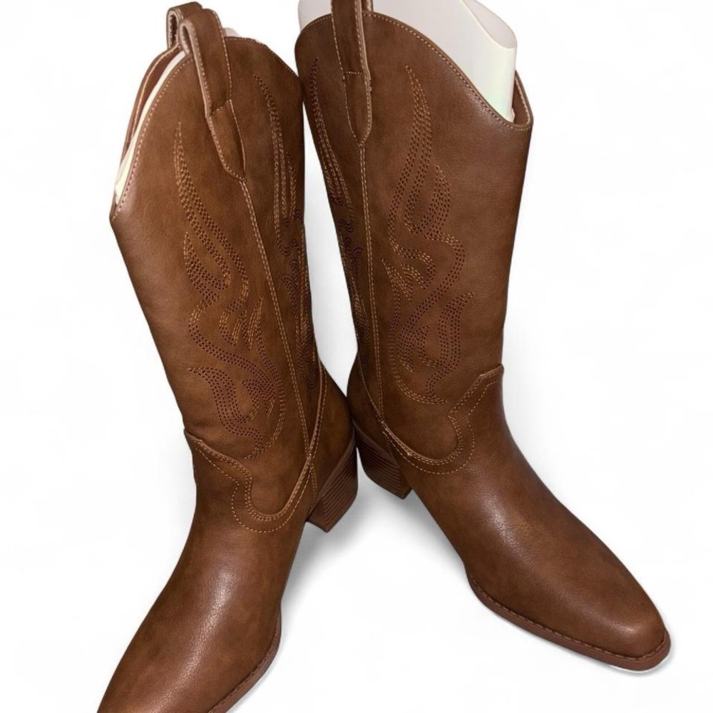 Brown Leather Western Boots | Cowboy Festival Riding Boots (Size 8.5)